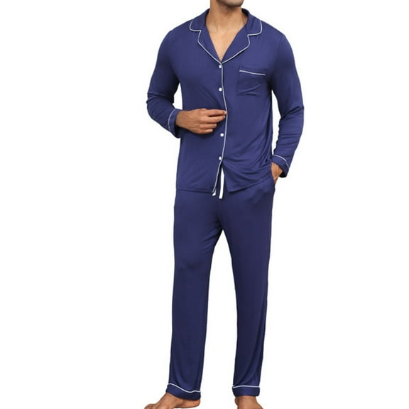 uublik Men Pajama Sets Comfy Sleepwear Long Sleeve Pjs Set Soft 2 Piece Lounge Set Cozy Nightwear with Pockets, Navy