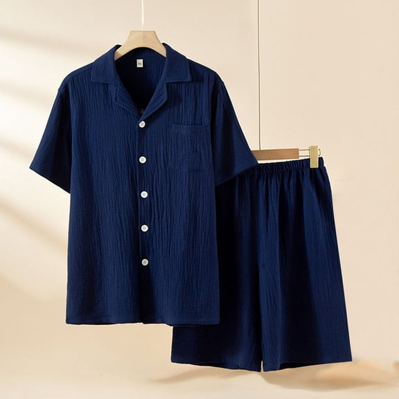 uublik Men Pajamas Set Short Sleeve Sleepwear 2 Piece Pj Sets for Men Soft Nightwear with Pockets, Dark Blue