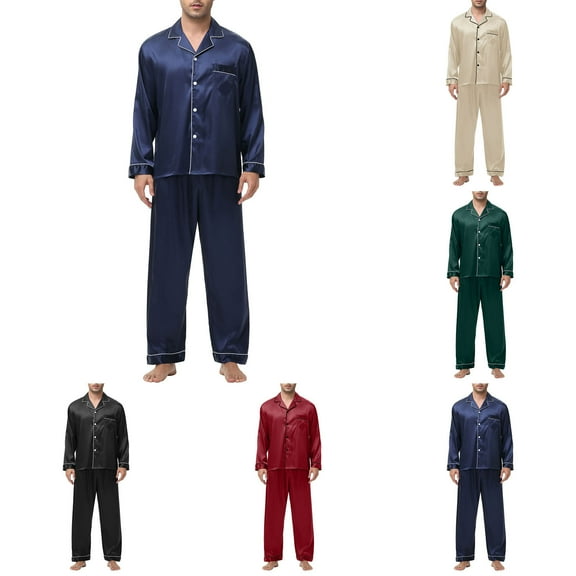 uublik Men Pajamas Sets Adults Comfy Sleepwear Long Sleeve Pjs Set Soft 2 Piece Lounge Set Cozy Nightwear with Pockets, Navy