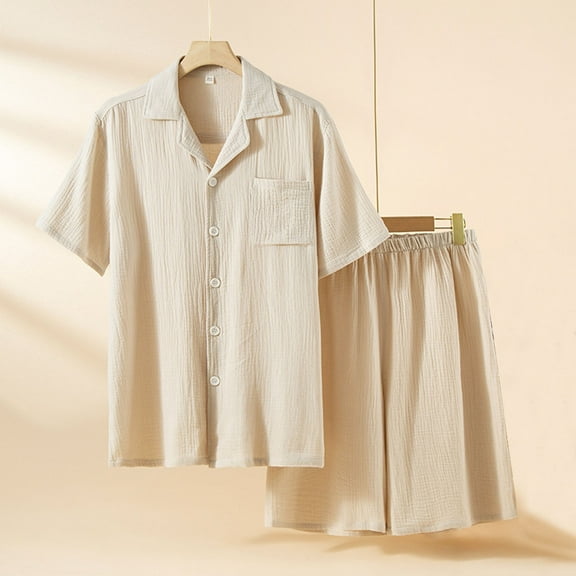 uublik Men Pajamas Sets Adults Short Sleeve Sleepwear 2 Piece Pj Sets for Men Soft Nightwear with Pockets, Beige