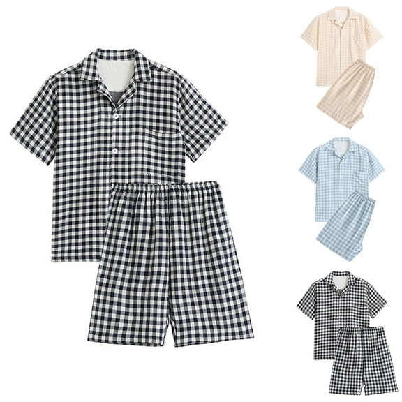uublik Men Pajamas Sets Plaid Pj Set Button Down Sleepwear Short Set 2 Pieces with Pocket, Navy