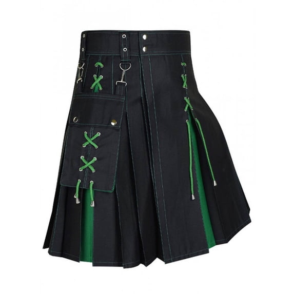 uublik Men Skirt Casual Snap Fastener Have Pockets Pleated Skirt Short Skirt Green