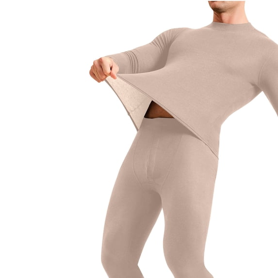 uublik Men Thermal Underwear Sets Long Johns with Fleece Lined Base Layer Men Cold Weather Top Bottom, Beige