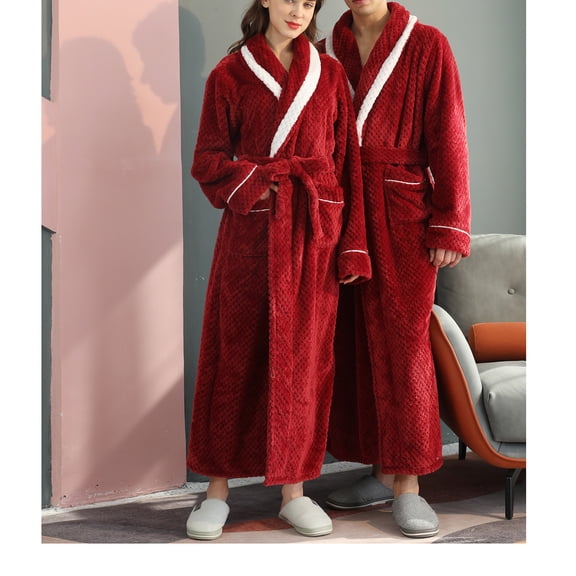 uublik Men and Women Flannel Bathrobe Winter Thickening Long Warmth Velvet Couple Pajamas Robe Sleepwear