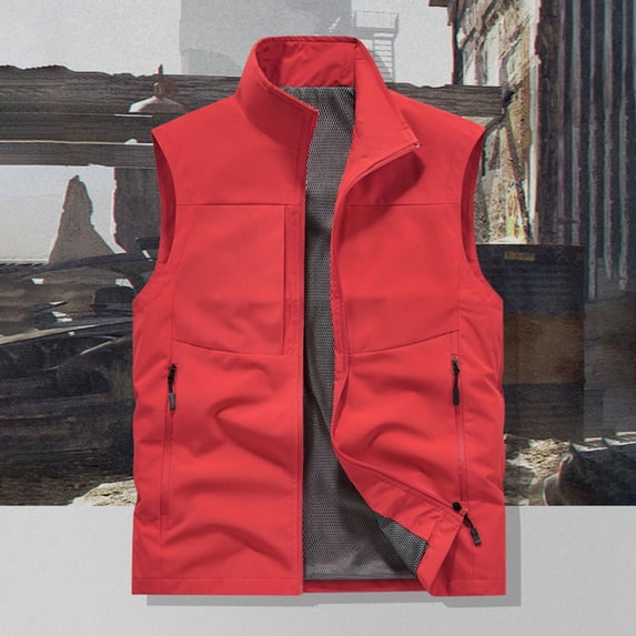 uublik Men's Casual Outerwear Vest Lightweight Full-Zip Sleeveless Jacket Outdoor Hiking Travel Golf Vest with Pockets Red