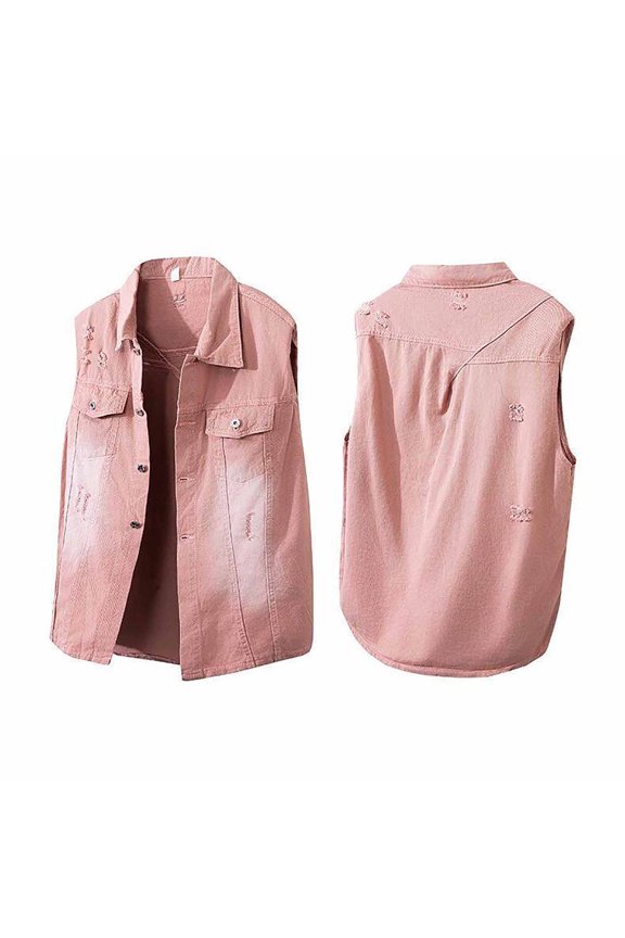Men's Denim Vest Sleeveless Jean Jacket Ripped Stretchy Distressed Vest for Men Sleeveless Outerwear Pink