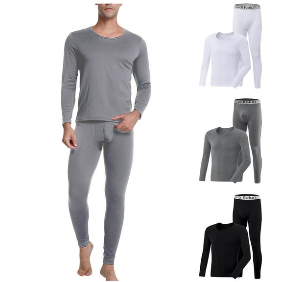 uublik Men's Pajamas Set Fleece Base Layer Set Winter Base Layer Cold Weather Top Bottom, Gray