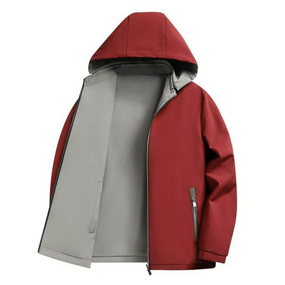 uublik Men's Reversible Jackets with Detachable Hat Workwear Windproof Active Jacket Hooded Work Coat Red