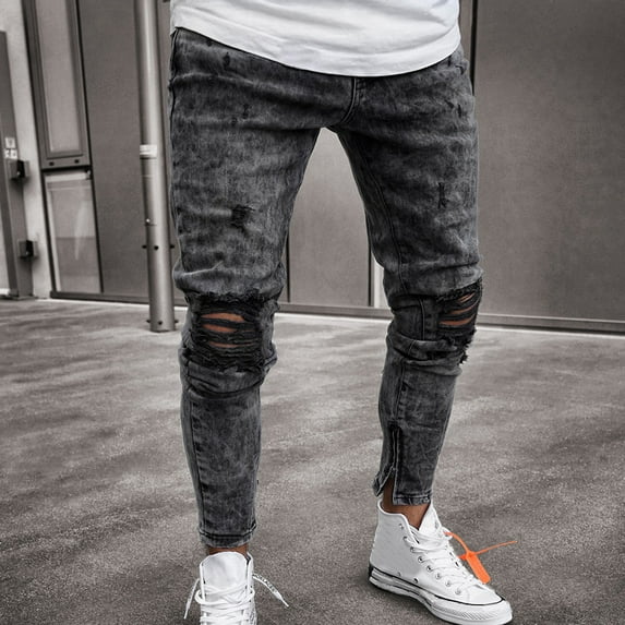 uublik Men's Ripped Jeans Slim Fit Skinny Stretch Jeans Pants Gray