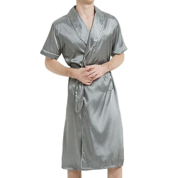 uublik Men's Satin Robe Lightweight Short Sleeve Bathrobe Sleepwear Gray