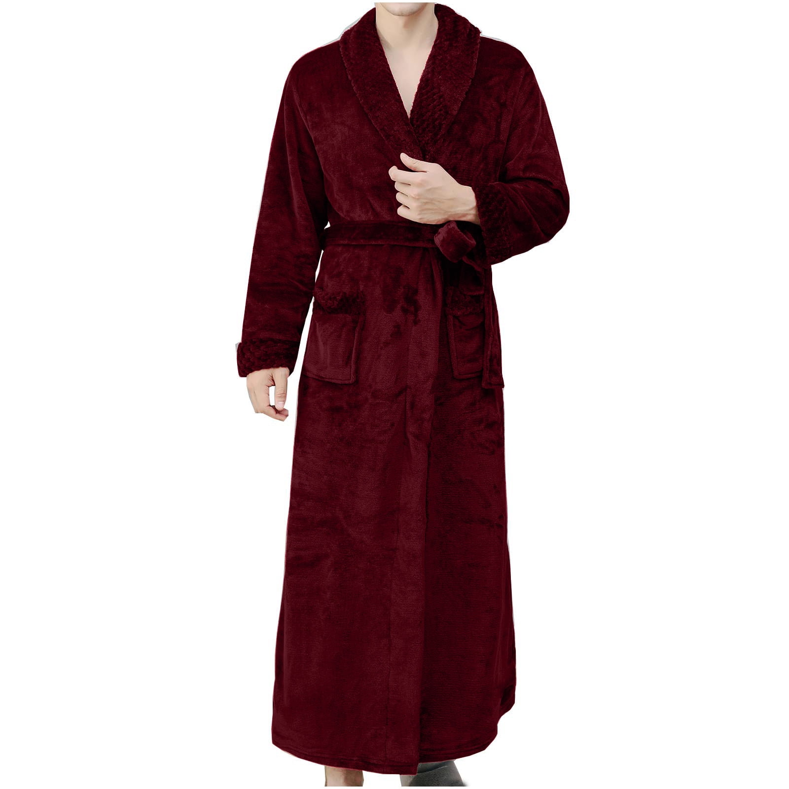 uublik Men's Thickened Flannel Robe Lace-Up Long Pajamas Comfy Plush ...