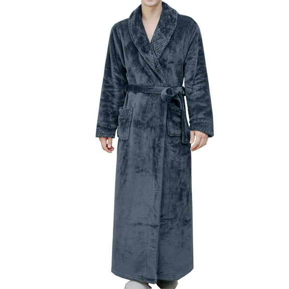 uublik Men's Thickened Flannel Robe Lace-Up Long Pajamas Comfy Plush Bathrobe with Pockets