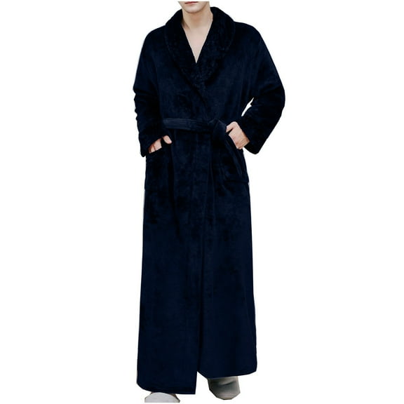 uublik Men's Thickened Flannel Robe Lace-Up Long Pajamas Comfy Plush Bathrobe with Pockets