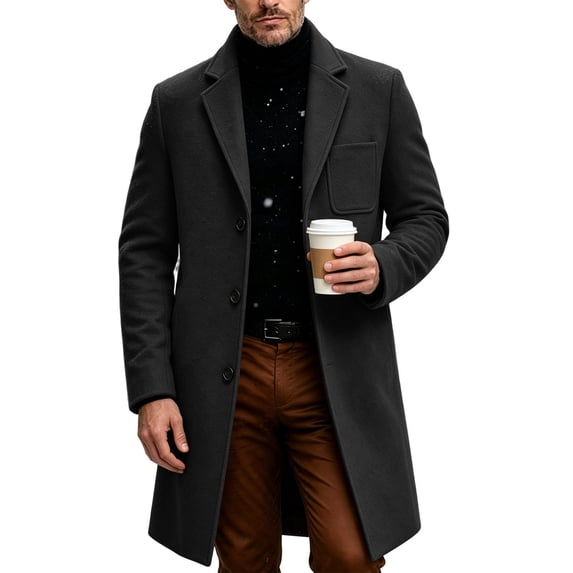 uublik Men's Trench Coat Black Long Sleeve Elegant Classic Overcoat Fall Winter Clothing