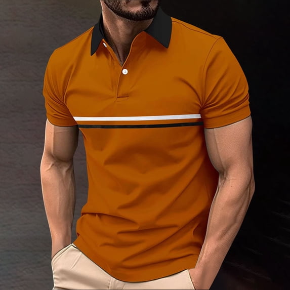 uublik Mens Button Down Short Sleeve Shirt Short Sleeve Striped Performance Golf Shirts for Men Brown M