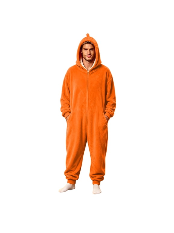 Mens Fleece Onesie Orange Full Zip Hooded Union Suit Soft Adult One-Piece Year-Round Lounge Set