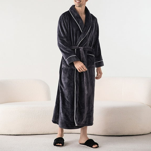 uublik Mens Fleece Robe Cozy Warm Bathrobe Fuzzy Male Spa Long Robe With Pockets Dark Gray
