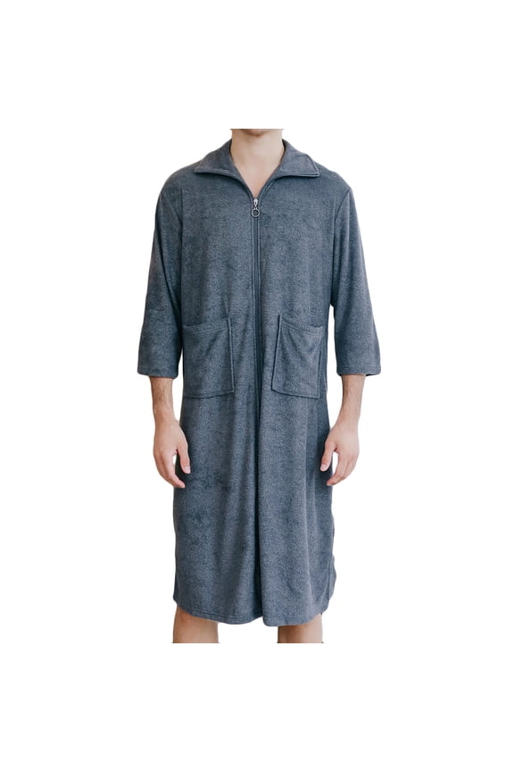 Mens Fleece Robe Lightweight Soft Zipper Bathrobe Shower Spa Long Robe With Pockets Gray