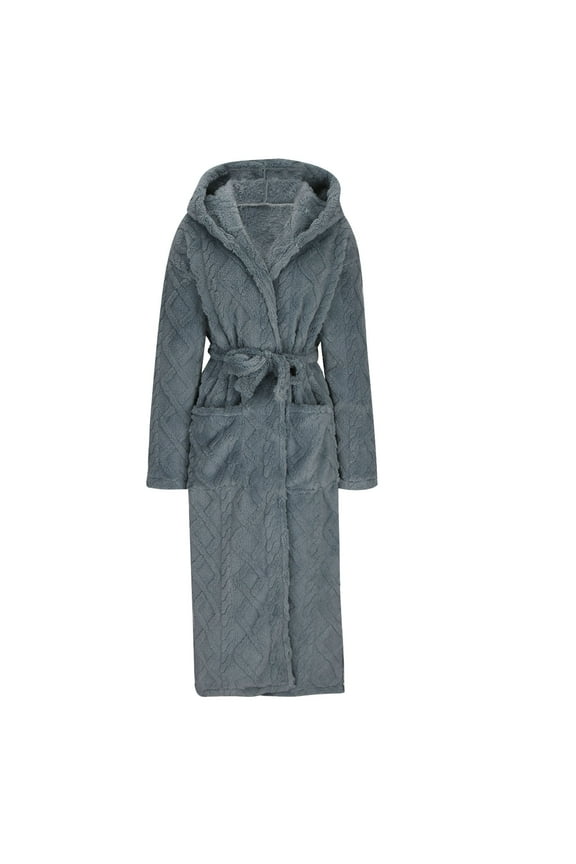 Mens Hooded Fleece Robe, Lightweight Soft Warm Fleece Bathrobe Shower Spa Long Robe With Pockets Dark Gray