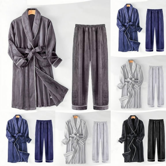 uublik Mens Pajama Set Fleece Robe Bathrobe Set Lightweight Soft Loungewear Nightwear, Dark Gray