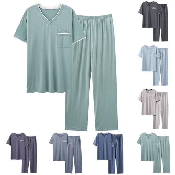 Asgosdo Mens Pajama Sets Comfy Sleepwear Short Sleeve Pjs Set Soft 2 Piece Lounge Set Cozy Nightwear with Pockets, Green
