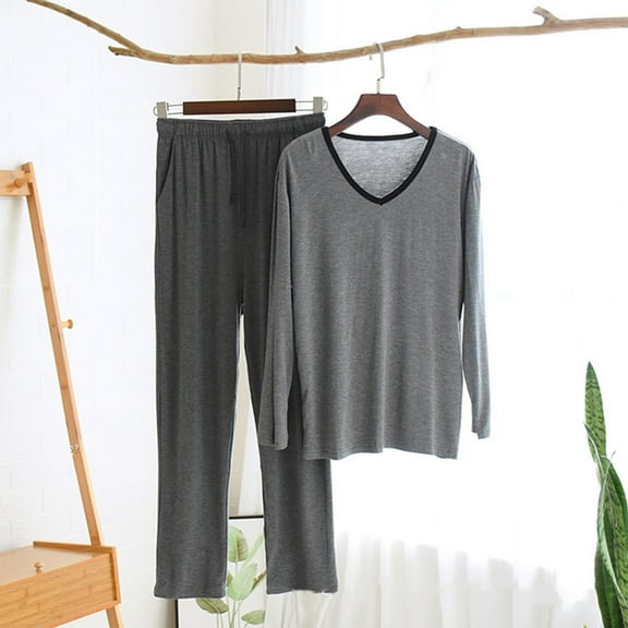 uublik Mens Pajamas Set Comfy Sleepwear Long Sleeve Pjs Set Soft 2 Piece Lounge Set Cozy Nightwear with Pockets, Dark Gray