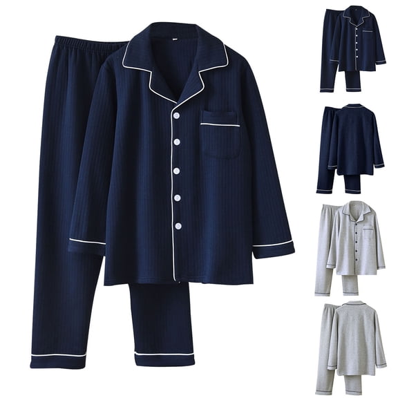 uublik Mens Pajamas Set Comfy Sleepwear Long Sleeve Pjs Set Soft 2 Piece Lounge Set Cozy Nightwear with Pockets, Navy