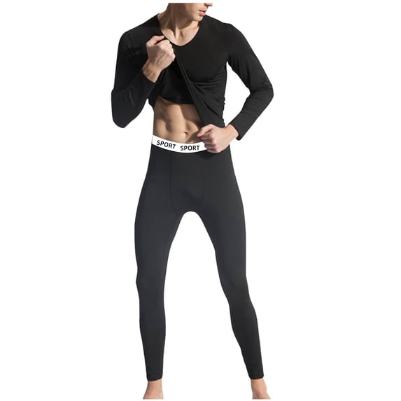 Asgosdo Mens Pajamas Set Fleece Base Layer Set Winter Base Layer Cold Weather Top Bottom, Black