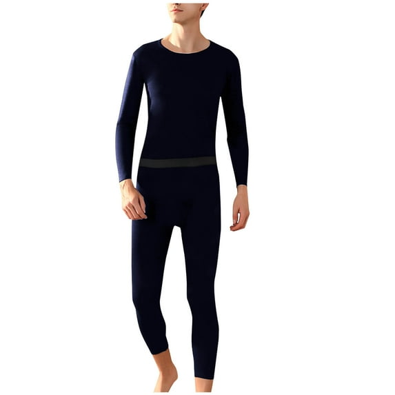 uublik Mens Pajamas Set Fleece Base Layer Set Winter Base Layer Cold Weather Top Bottom, Navy