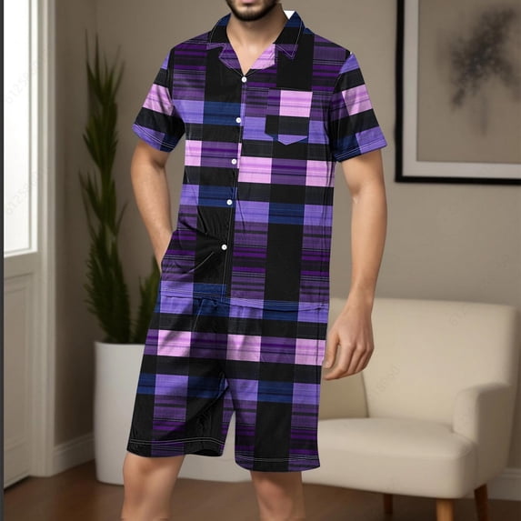 Asgosdo Mens Pajamas Set Shorts with Notch Collar and Button Loungewear, Purple