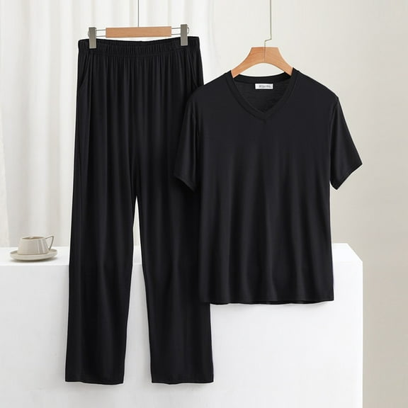 uublik Mens Pajamas Sets 2 Pack Comfy Sleepwear Short Sleeve Pjs Set Soft 2 Piece Lounge Set Cozy Nightwear with Pockets, Black