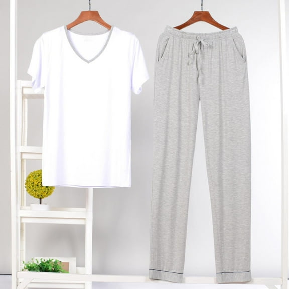uublik Mens Pajamas Sets 2 Pack Comfy Sleepwear Short Sleeve Pjs Set Soft 2 Piece Lounge Set Cozy Nightwear with Pockets, White