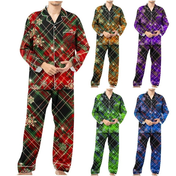 uublik Mens Pajamas Sets 2 Pack Long Sleeve Pajamas for Men Lounge Plaid Pjs Set with Pockets, Red