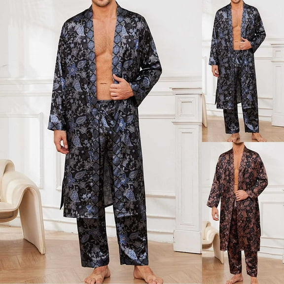 uublik Mens Pajamas Sets 2 Pack Satin Robe Bathrobe Set Lightweight Soft Loungewear Nightwear, Black