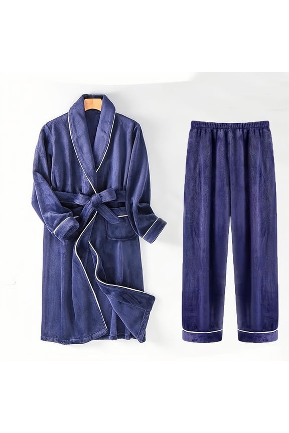 Mens Pajamas Sets Fleece Robe Bathrobe Set Lightweight Soft Loungewear Nightwear, Blue
