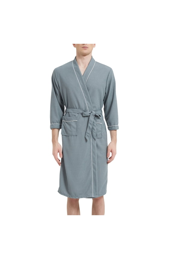 Mens Robe Lightweight Spa Bathrobe Shower Robes Plus Size Long Sleeve Sleepwear with Pockets Gray