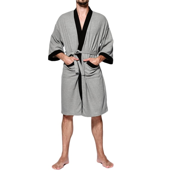 uublik Mens Robe Lightweight Spa Bathrobe Shower Robes V Neck Sleepwear with Pockets Dark Gray