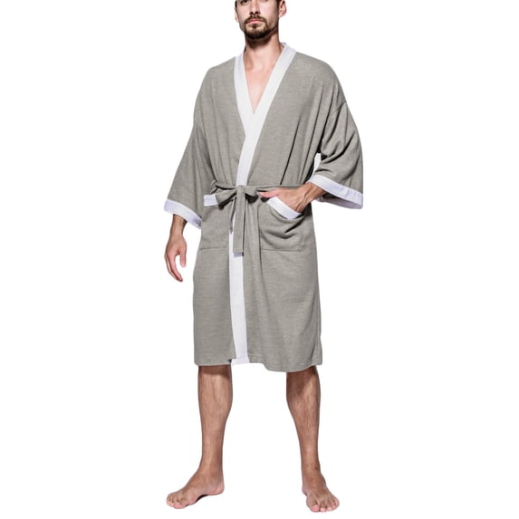uublik Mens Robe Lightweight Spa Bathrobe Shower Robes V Neck Sleepwear with Pockets Gray