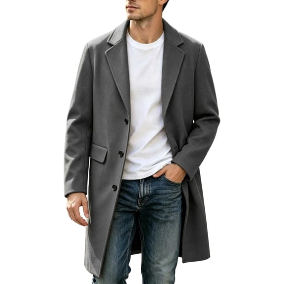 uublik Mens Trench Coat Dark Gray Long Sleeve Classic Overcoat Open Front Cardigan Jacket