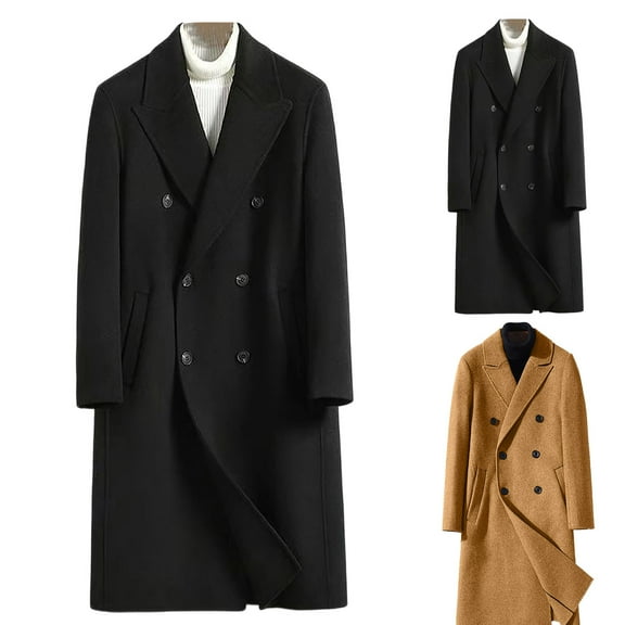 uublik Mens Winter Jacket Trench Coats Double Breasted Windbreaker Lapel Long Jacket Casual Windproof Overcoat Black