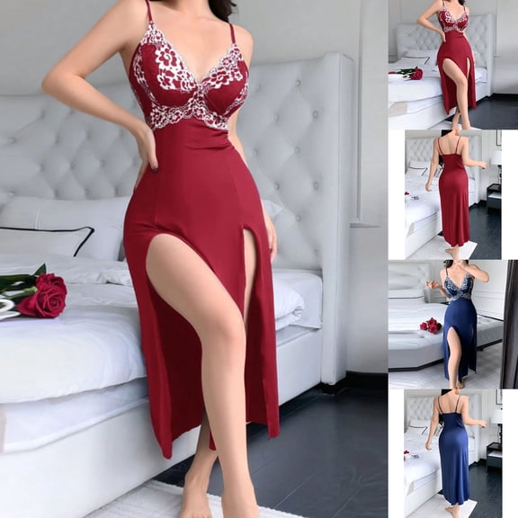 uublik Mesh Pajamas Dress Women Valentine's Day Night Gowns Soft Loungewear Sleepwear Wine