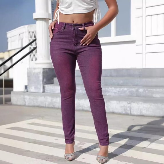 uublik Mid Rise Jeans for Women Jeggings Pants Stretchy Skinny Jean Leggings Embroidered Denim Pants, Purple