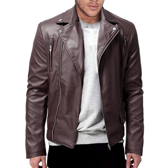 uublik Motorcycle Jacket Men Vintage Faux Leather Outwear Casual Lightweight Brown