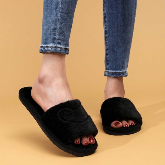 uublik Open Toe Fuzzy Slippers for Women Open Toe Memory Foam House Shoes Indoor Outdoor Non Slip House Slides, Black