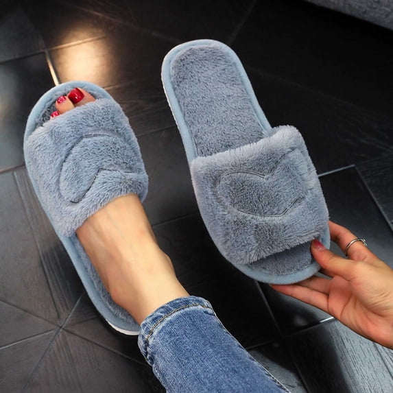 uublik Open Toe Fuzzy Slippers for Women Open Toe Memory Foam House Shoes Indoor Outdoor Non Slip House Slides, Gray