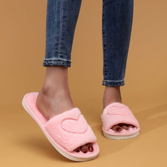 uublik Open Toe Fuzzy Slippers for Women Open Toe Memory Foam House Shoes Indoor Outdoor Non Slip House Slides, Pink