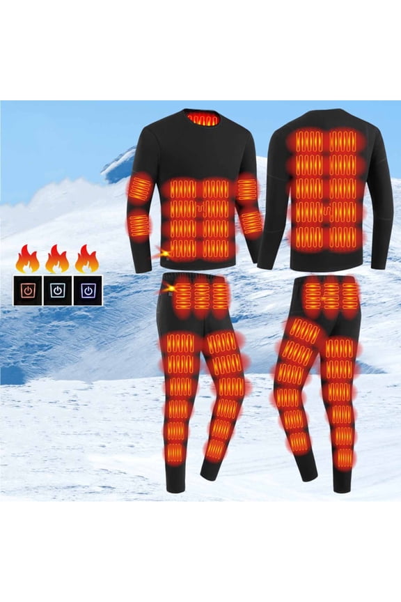 Pajama Set Men USB Charge 52 Zone Intelligent Heated Thermals Top and Bottom Set(Without Power Bank), Black