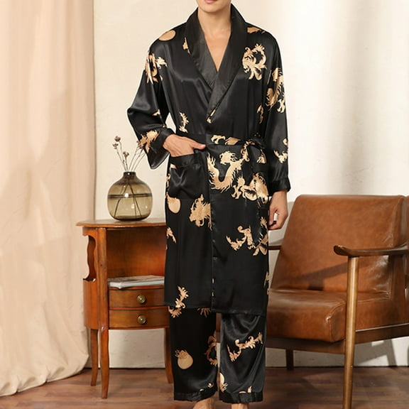 uublik Pajama Set for Men Satin Robe with Pants Set Bathrobe Lightweight Soft Sleepwear Loungewear, Black