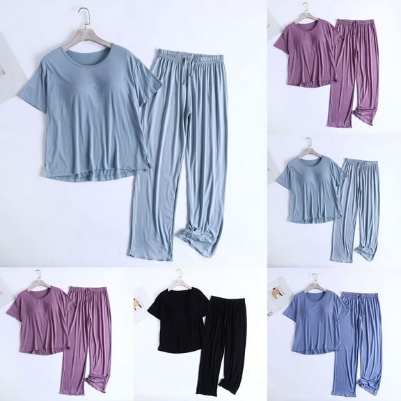 uublik Pajama Sets Women 2 Piece Short Sleeves Top and Pant Pjs Soft Sleepwear Casual Lounge Set Blue