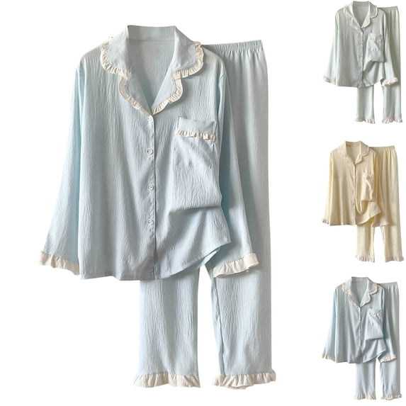 uublik Pajama Sets Women Cute Long Sleeve Button Down Sleepwear Nightwear Soft Pjs Lounge Sets Blue